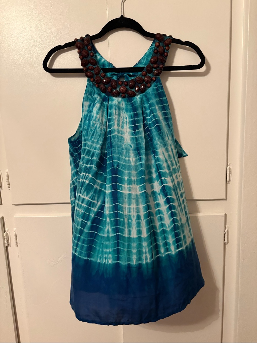 VINTAGE Velvet Blue Silk Halter Top with Brown Beaded Accents